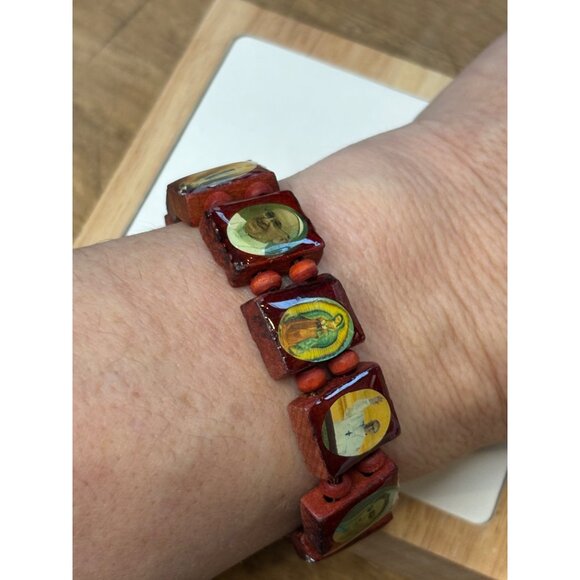 Religious Wooden Stretch Bracelet With Catholic Saint Images - Picture 7 of 8